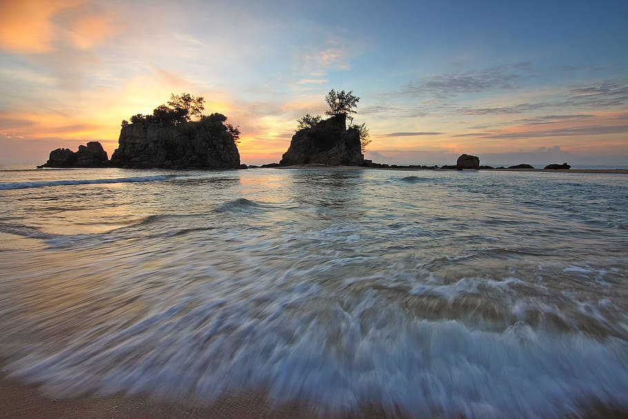 sea, dawn, landscape, nature, beach, clouds, dusk, evening, island HD wallpaper