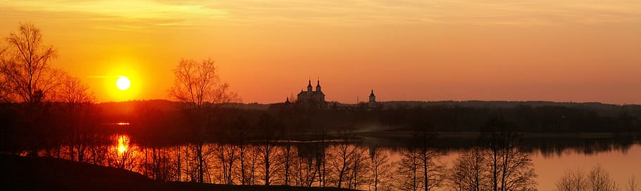 sunset, panoramic, sky, nature, water, reflection, orange color HD wallpaper