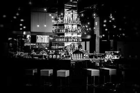 grayscale photography of resto bar, pub, wine glasses, lighting HD wallpaper