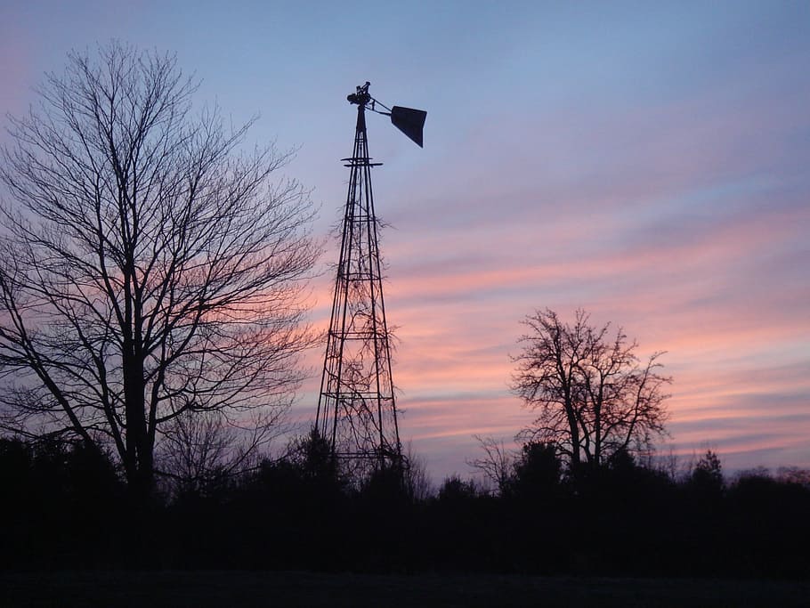 windmill, sunrise, sky, rural, sunrise landscape, morning, farm HD wallpaper