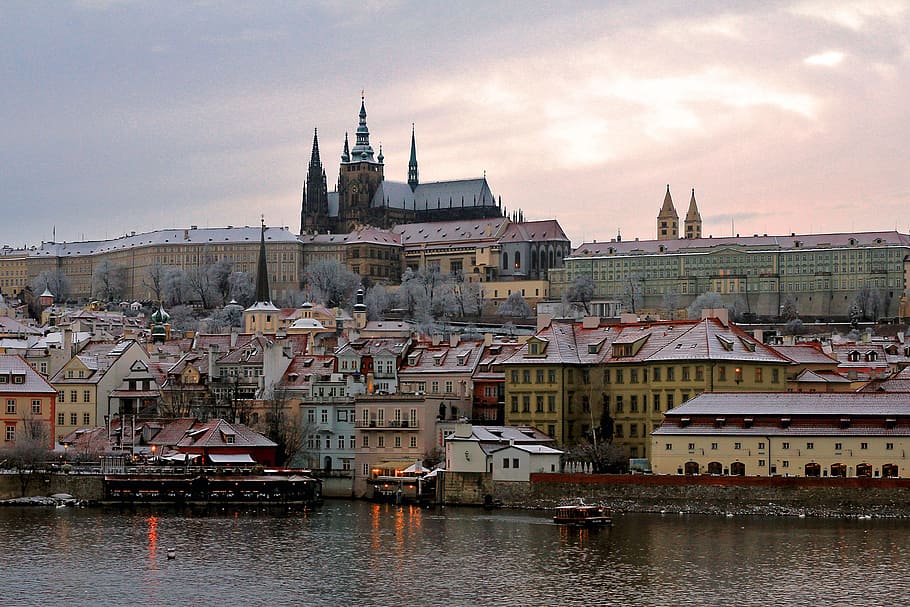 gothic buildings near beach, body of water, river, city, travel, HD wallpaper