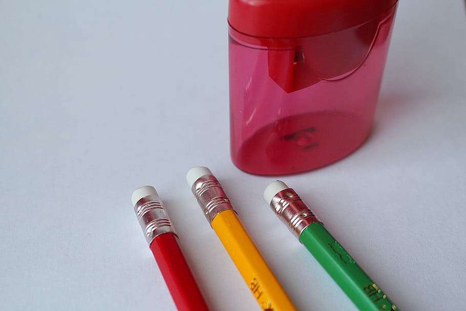 pencils, sharpener, eraser, rubber, close-up, no people, studio shot HD wallpaper