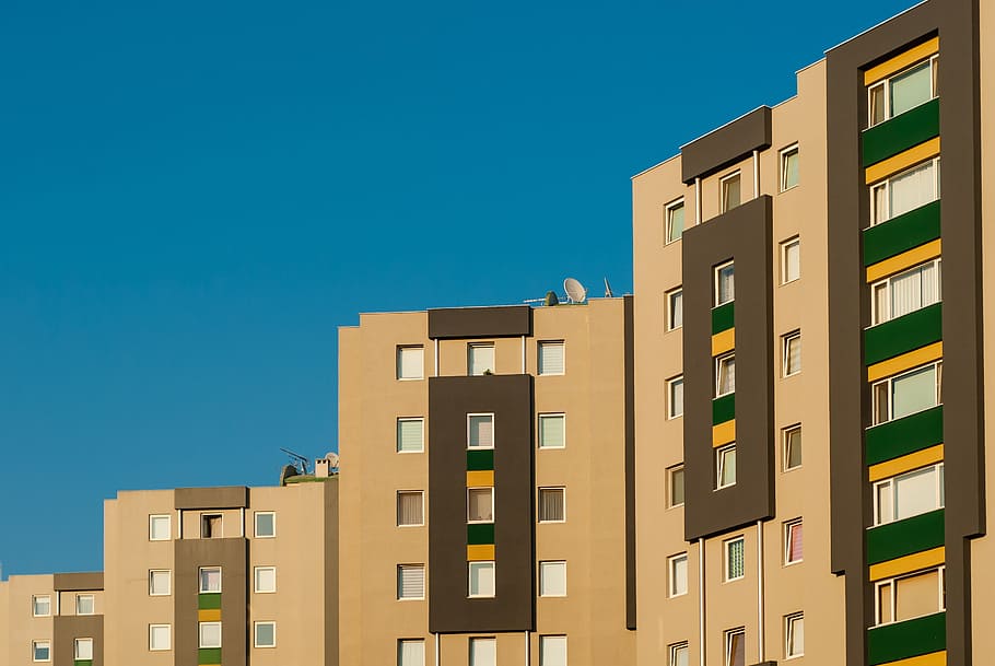 white building illustration, sky, blue, circle, home, yellow HD wallpaper