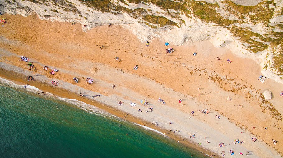 aerial view of people by the beach during daytime, seashore waves aerial view HD wallpaper