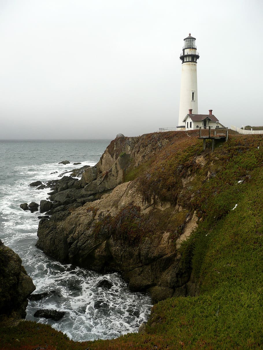 lighthouse, building, shoreline, coast, rock, pacific, water HD wallpaper