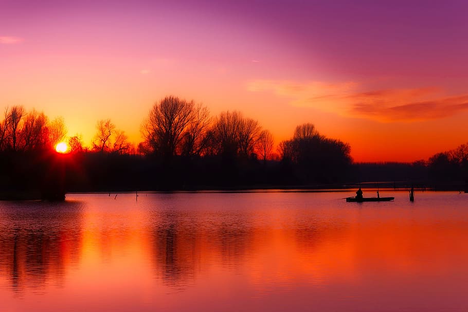 fishing, dawn, landscape, sky, beautiful, boat, bright, clouds HD wallpaper