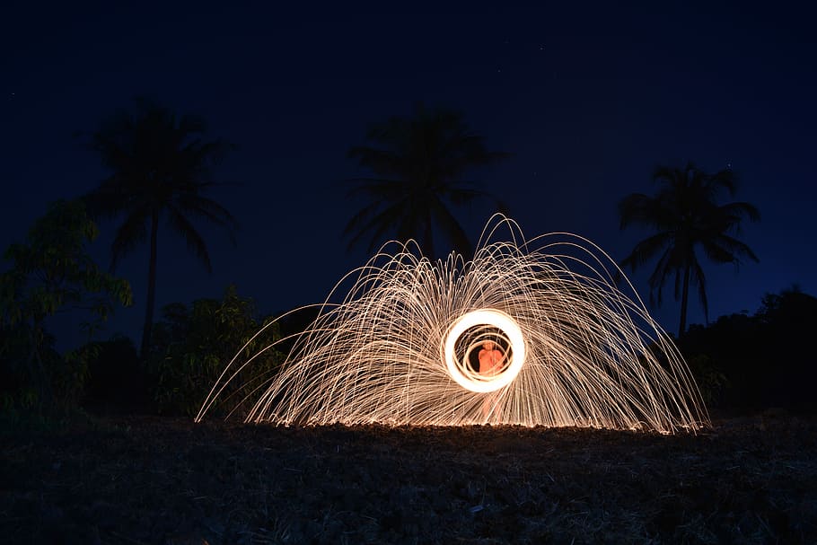Steelwool, steelwhool photography, firework, night, dark, lights HD wallpaper