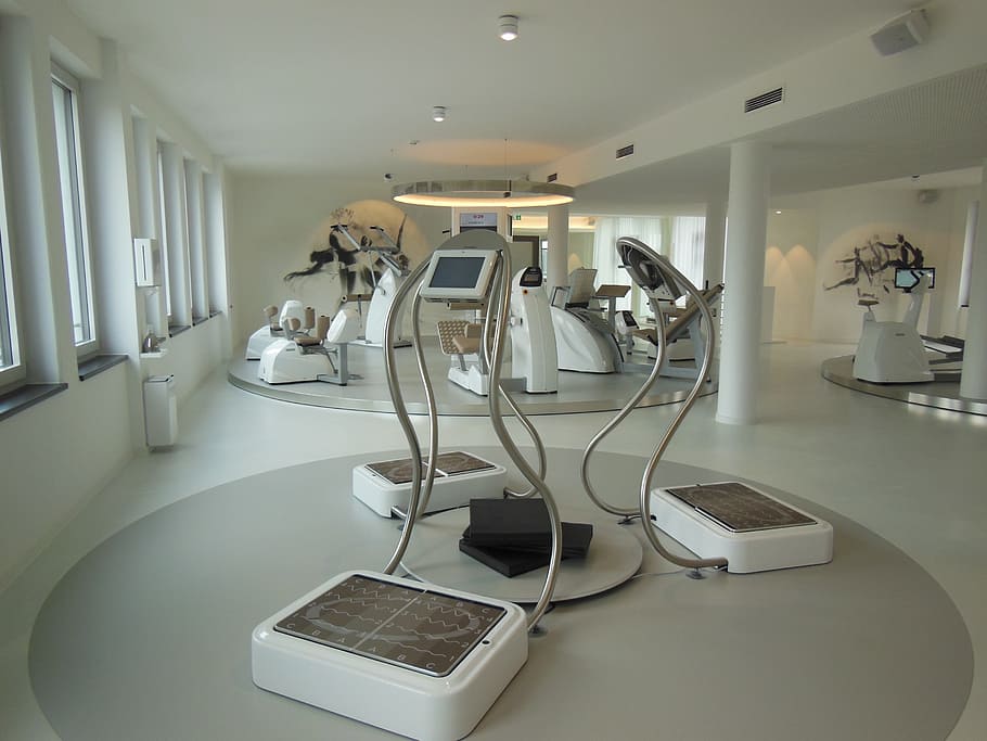 three white-and-silver exercising machines inside building, fitness studio, HD wallpaper