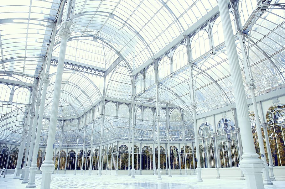 clear glass dome building interior, empty white metal framed building with glass roof HD wallpaper