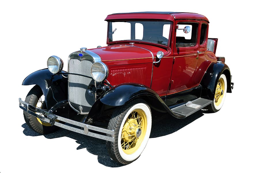 classic red Ford Model T car, window, coupe, vintage car, antique