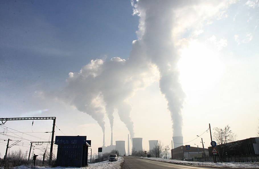 narrow road near nuclear power plant, pollution, smoke, stack HD wallpaper