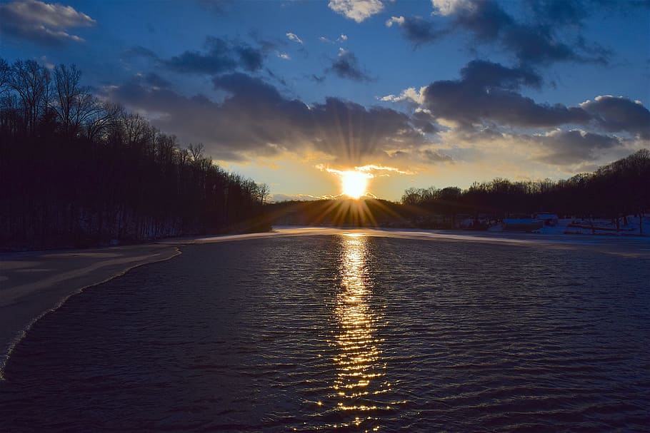 sunset, lake, nature, ice, water, landscape, clouds, sky, reflection HD wallpaper