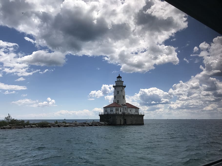 chicago, navy pier, lighthouse, clouds, lake, scene, sky, water HD wallpaper