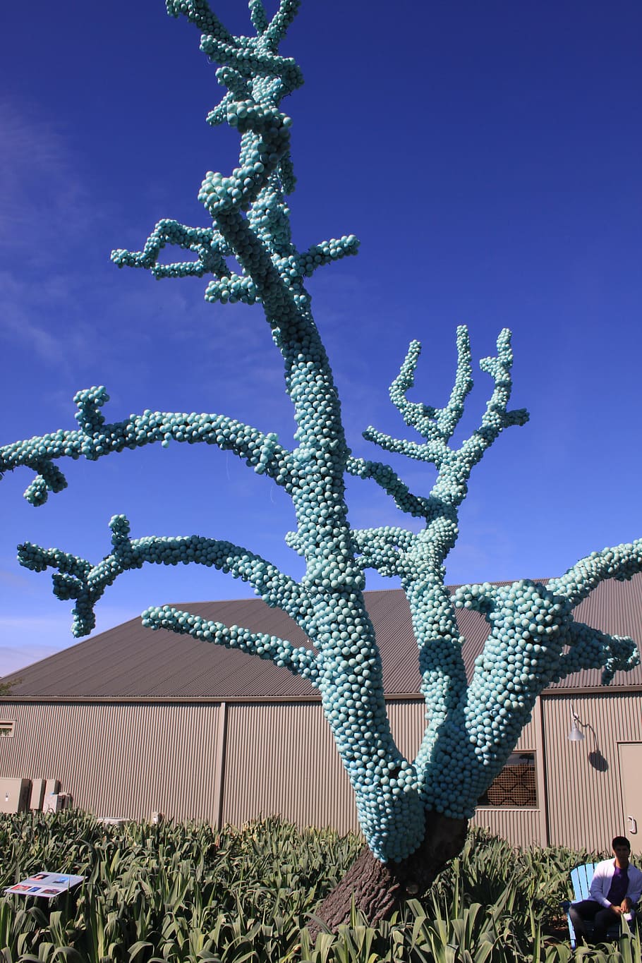 fake plastic tree, blue balls, artificial, plant, sky, nature HD wallpaper