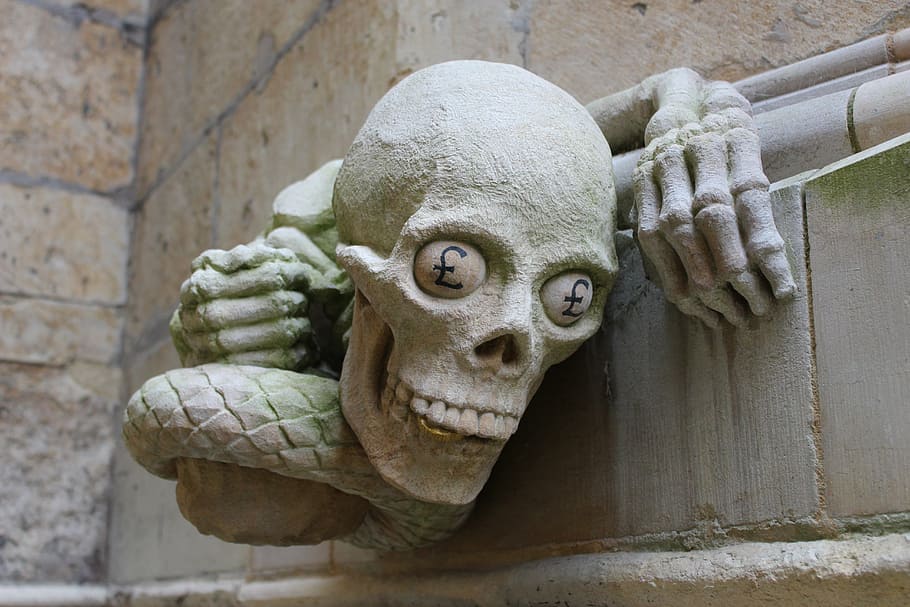 gray skull wall decor, sculpture, money, pound, cathedral, skeleton, HD wallpaper
