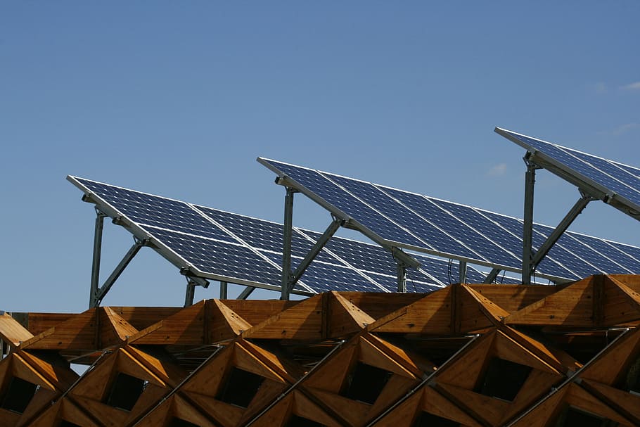 three solar panels on wood, energy, house, renewable, sun, blue HD wallpaper