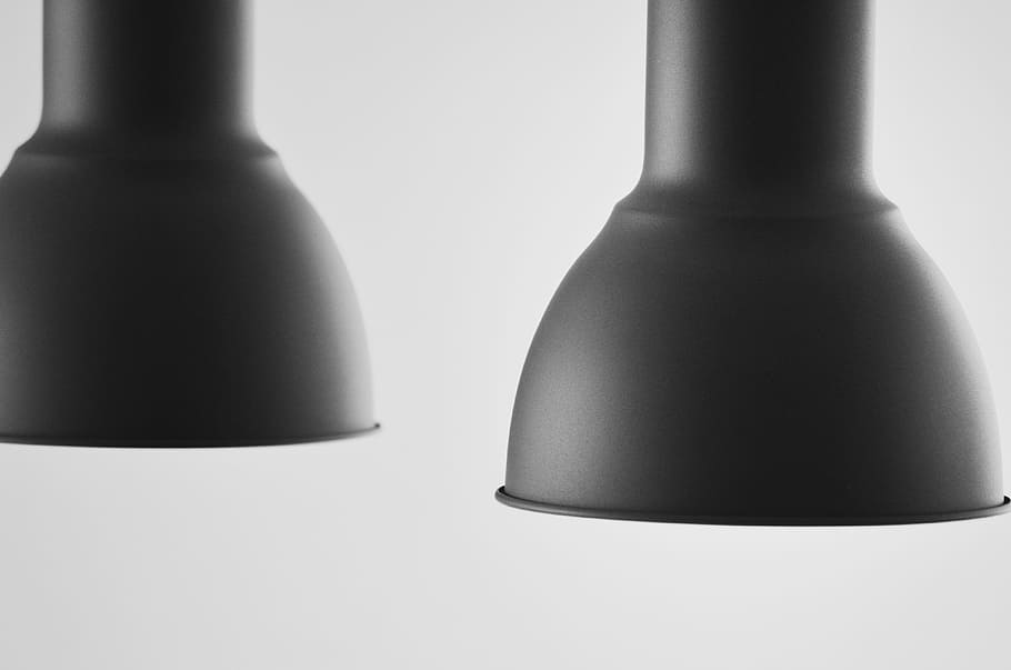 two black pendant lamps, two black metal tools, lights, lantern HD wallpaper