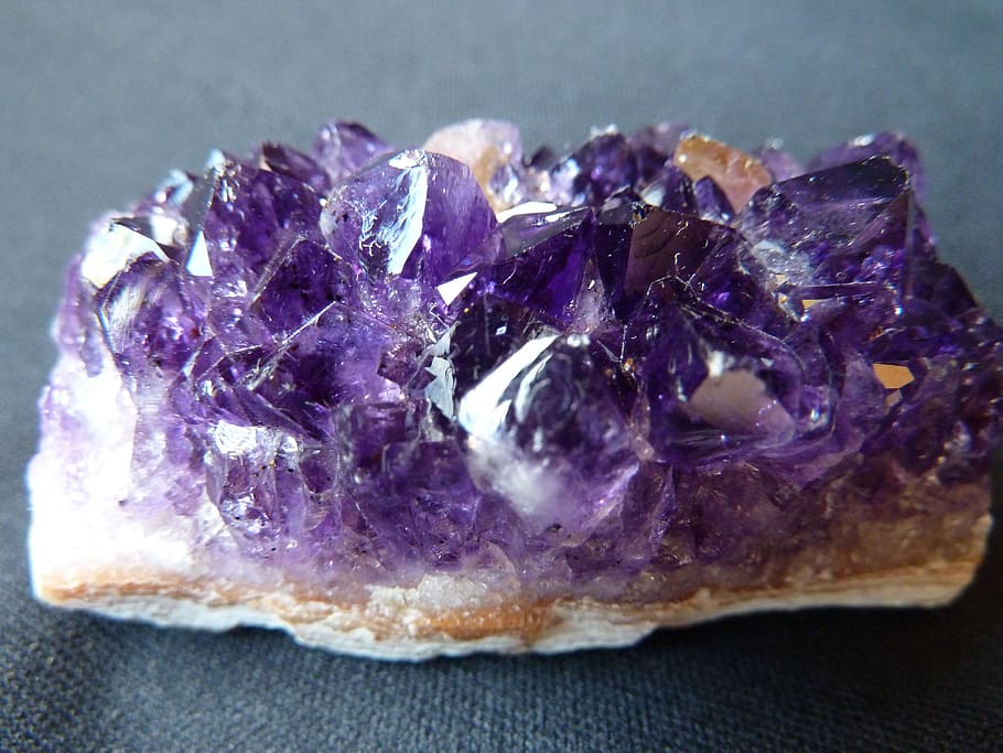 purple geode on black textile, Amethyst, Violet, Crystal Cave
