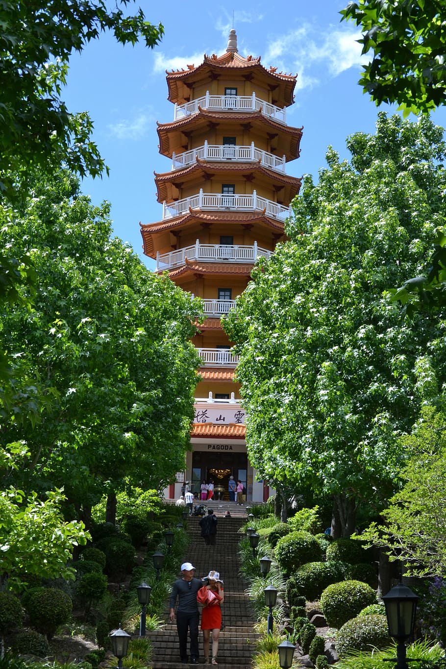 pagoda, tower, alignment, stairs, architecture, tree, built structure HD wallpaper