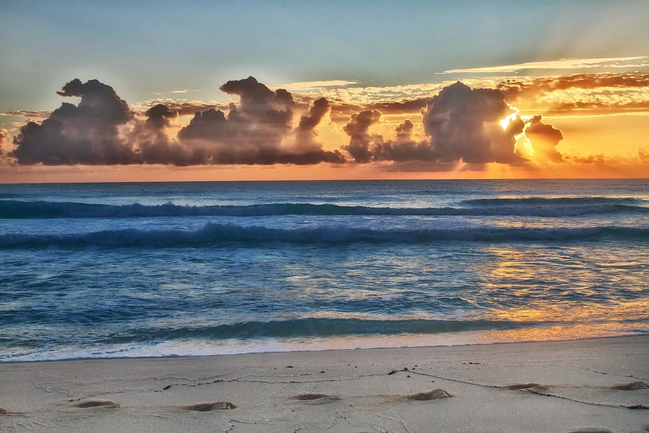 Ocean, Sea, Sea, Beach, Beach, Sand, Sunset, blue, caribbean HD wallpaper
