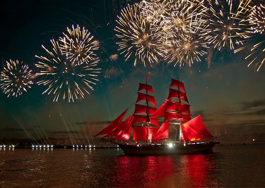 red and beige ship under fireworks landscape photograph, salute, HD wallpaper