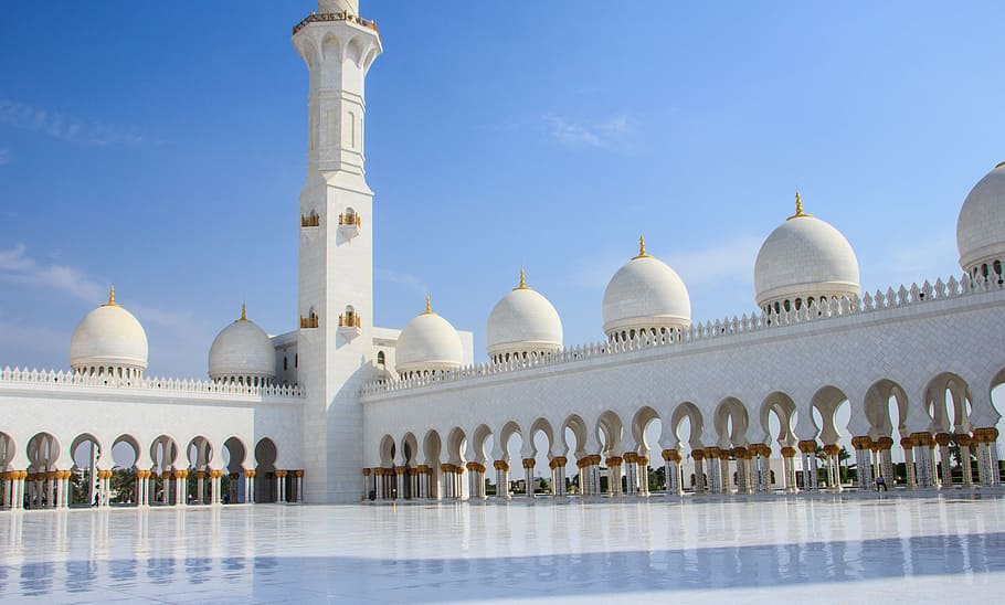 empty hallway of mosque, grand mosque, abu dhabi, zayed, arabic, HD wallpaper