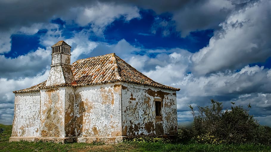 brown concrete house under blue and white clouds, sky, nature HD wallpaper