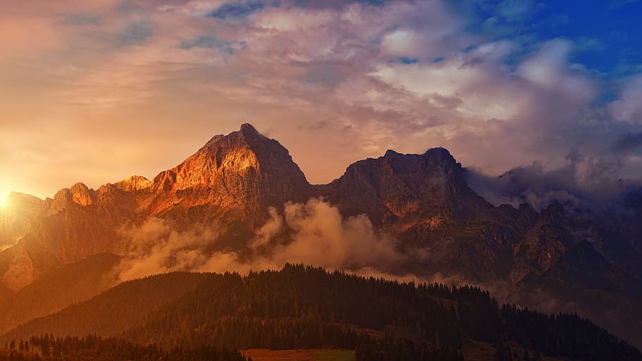 rocky mountain duringsunset, panorama, dawn, landscape, alpine HD wallpaper