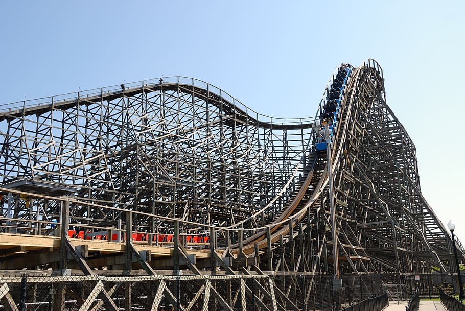 wooden roller coaster, ride, vintage, amusement, park, fun