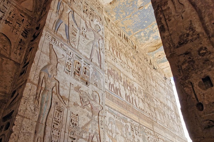 egypt, thebes, medinet-habu, temple, hieroglyphs, color, wall, HD wallpaper