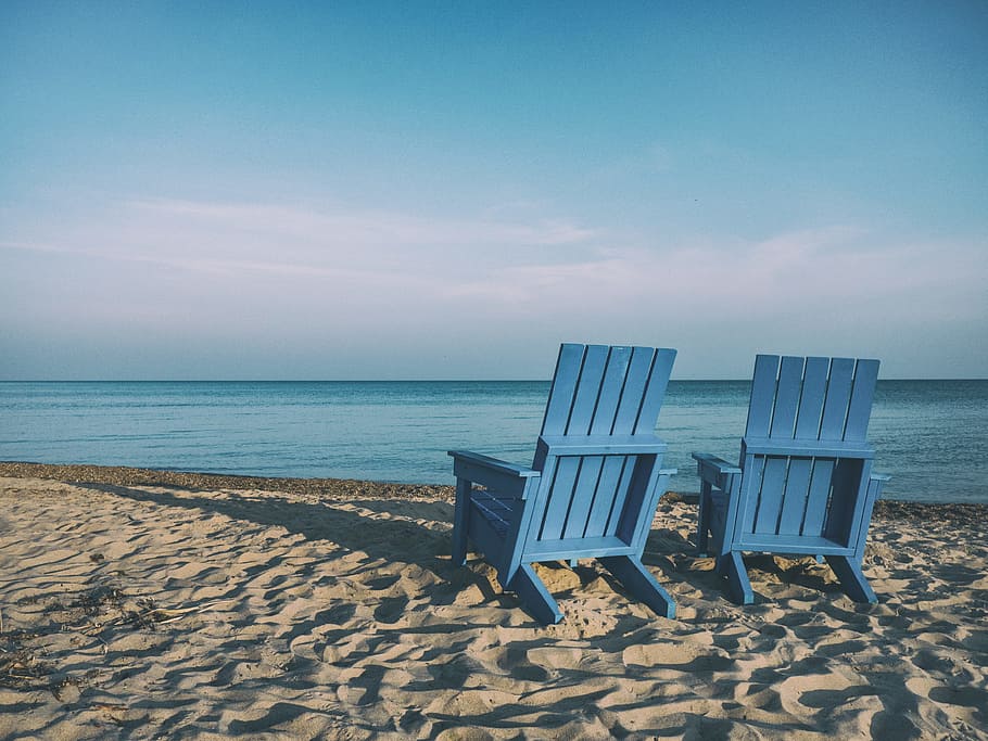 two blue beach chairs near body of water, two blue wooden adirondack chairs near body of water, HD wallpaper