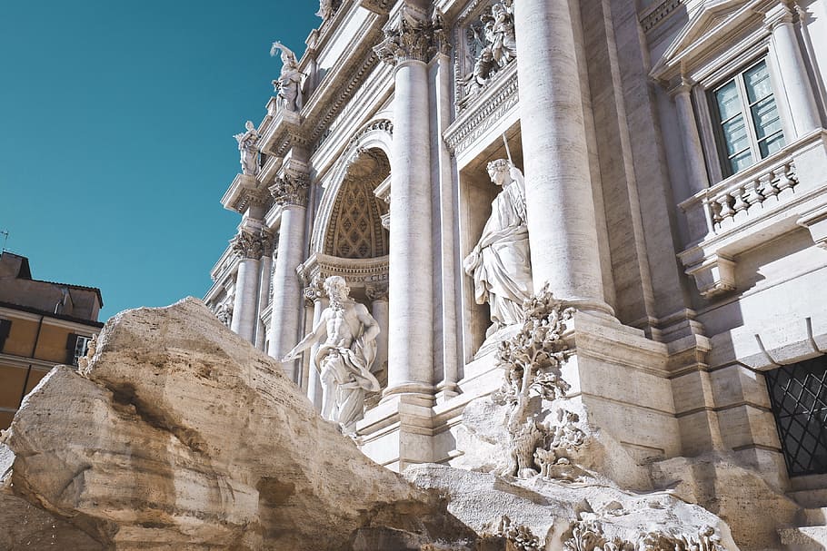 architecture, building, infrastructure, blue, sky, trevi fountain HD wallpaper