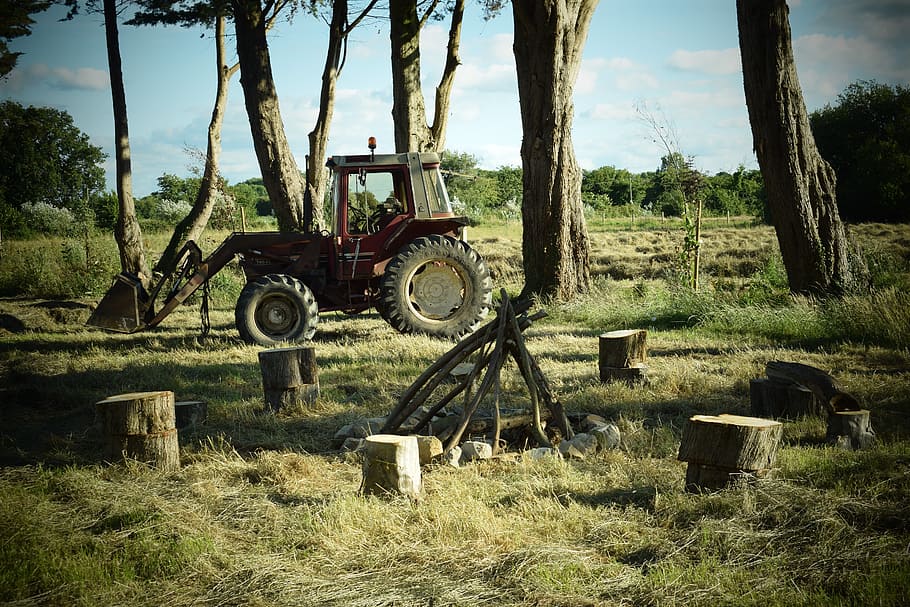 tractor, campfire, normandy, wood, field, gite in rural normandy HD wallpaper