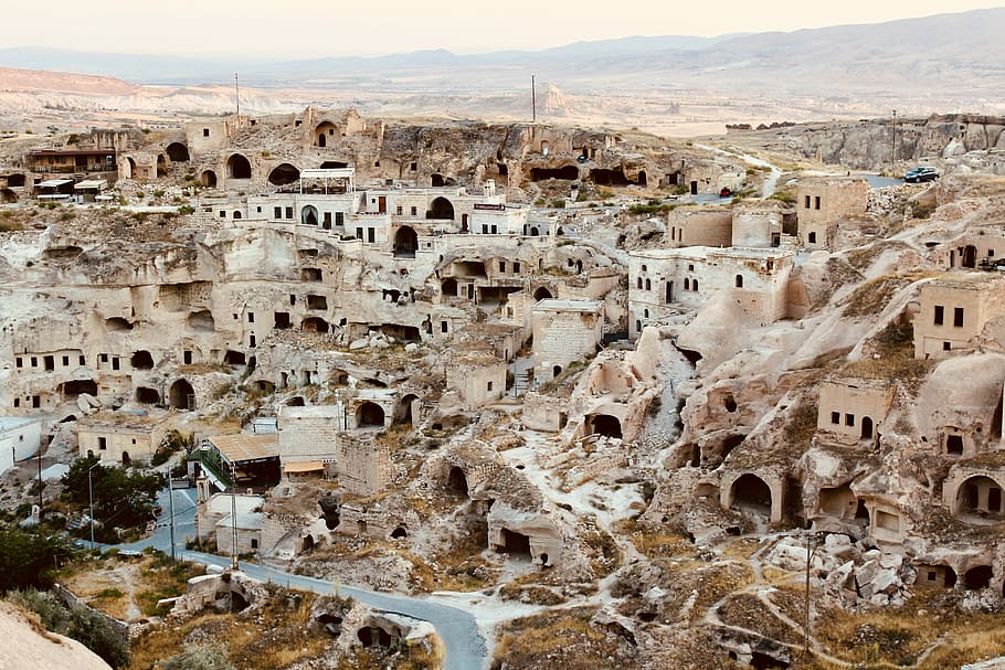 stone house village, aerial photo of ruined village, building HD wallpaper