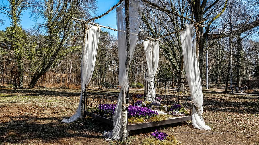 gray metal pergola, bed, deco, nature, landscape, plant, tree HD wallpaper