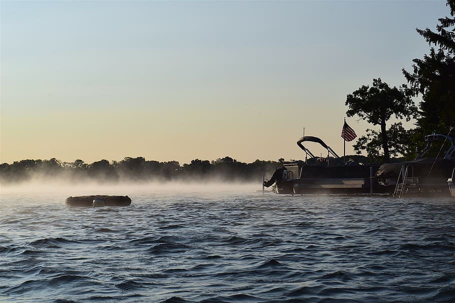 sunrise, lake, mist, dock, water, landscape, nature, sky, summer HD wallpaper
