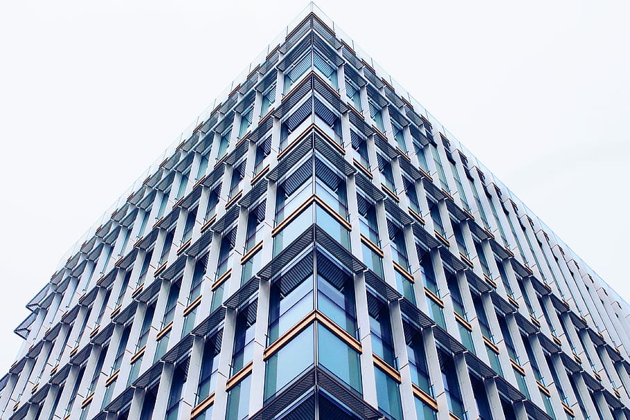 white and green concrete building under white clouds during daytime, worm's-eye view of glass building HD wallpaper