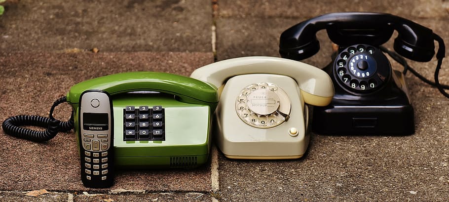green, white, and black corded telephones, models, generations HD wallpaper
