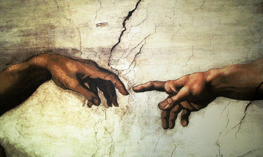 The Creation of Adam painting, art painting, mural, michelangelo