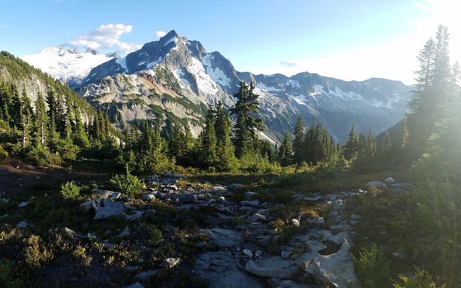 evergreen, glacier, hike, hill, landscape, mountain, mountain peak HD wallpaper