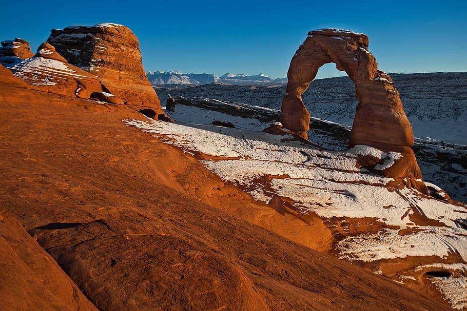 rock arch, landscape, stone, winter, snow, sunset, twilight