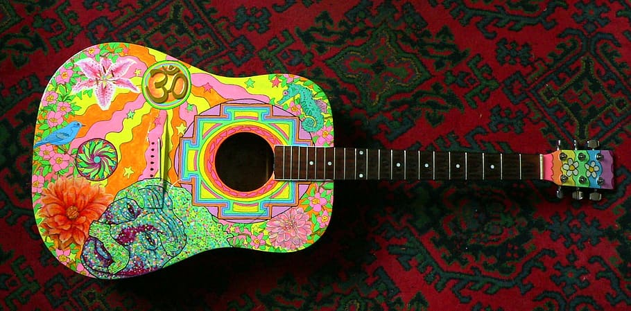 black and multicolored dreadnought acoustic guitar on textile, HD wallpaper