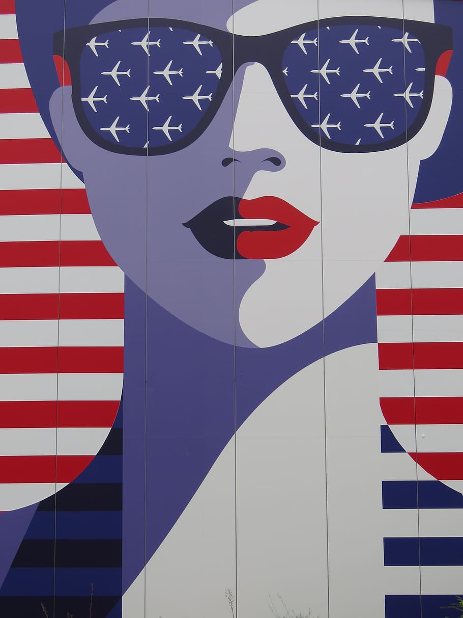 woman wearing sunglasses with red lips painting, usa, face, aircraft, HD wallpaper