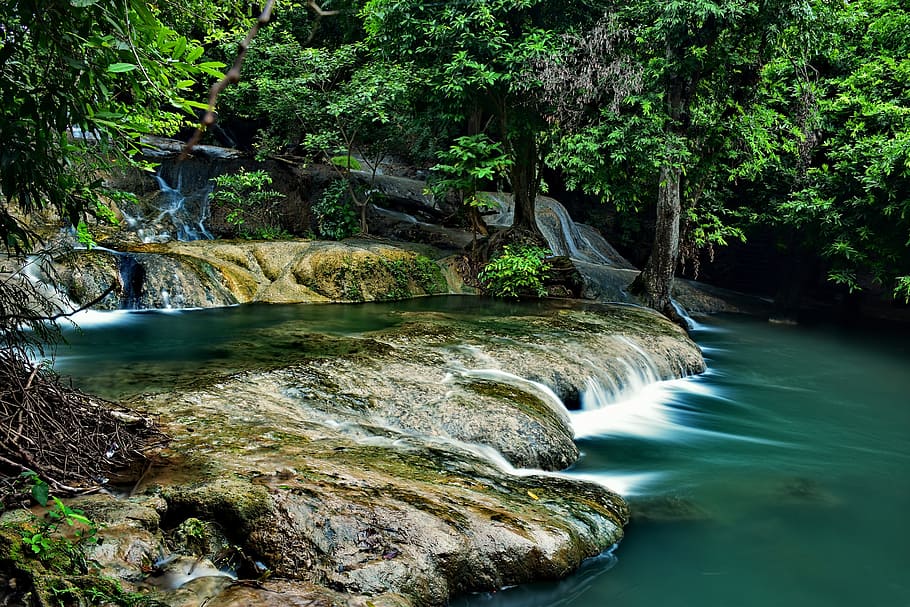 time lapse photography of waterfalls, nature, tree, thailand