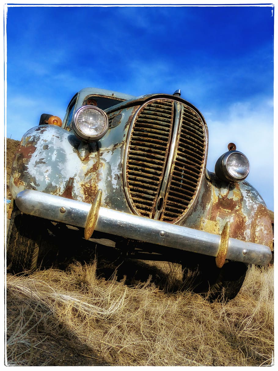 low angle photography of silver car, old timer, automobile, rusty