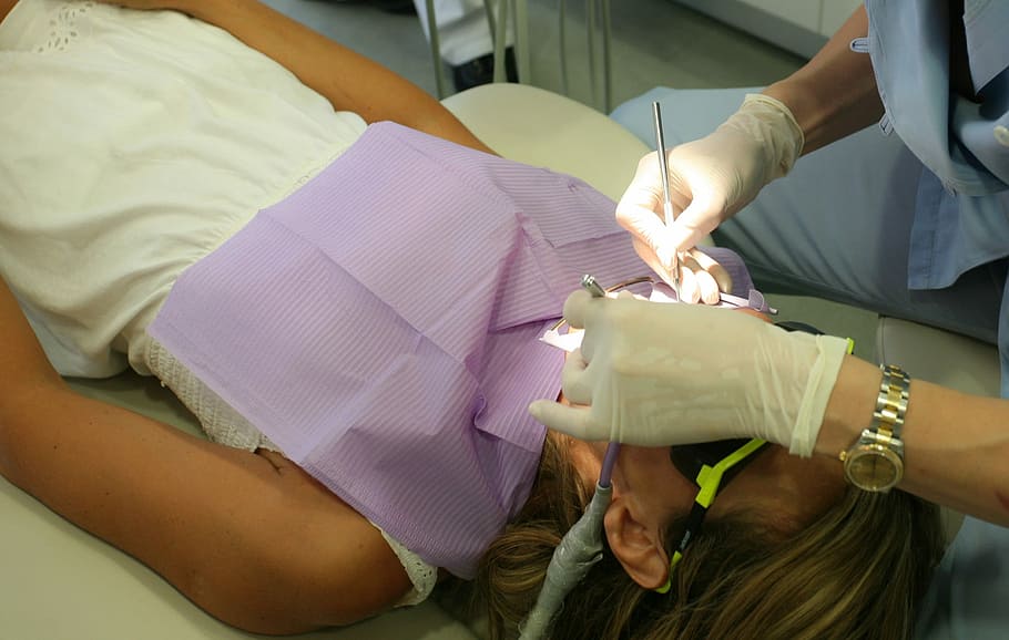 woman lying on medical chair, Dentist, Dental Care, Dentistry