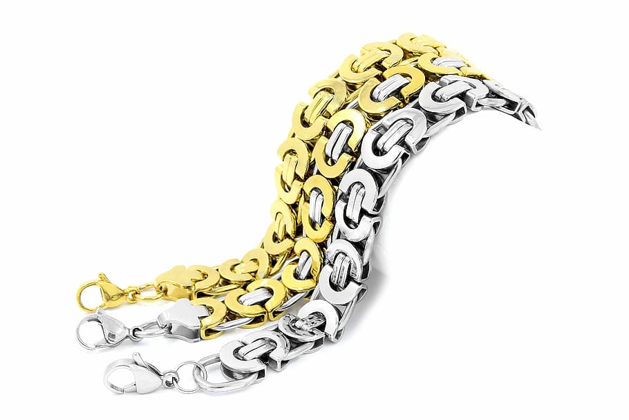 silver-colored and gold-colored bracelets, stainless, background HD wallpaper