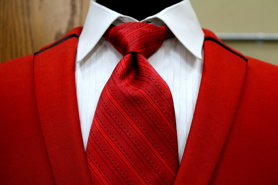 red and white collared suit with necktie, vest, shirt, knot, lapels, HD wallpaper