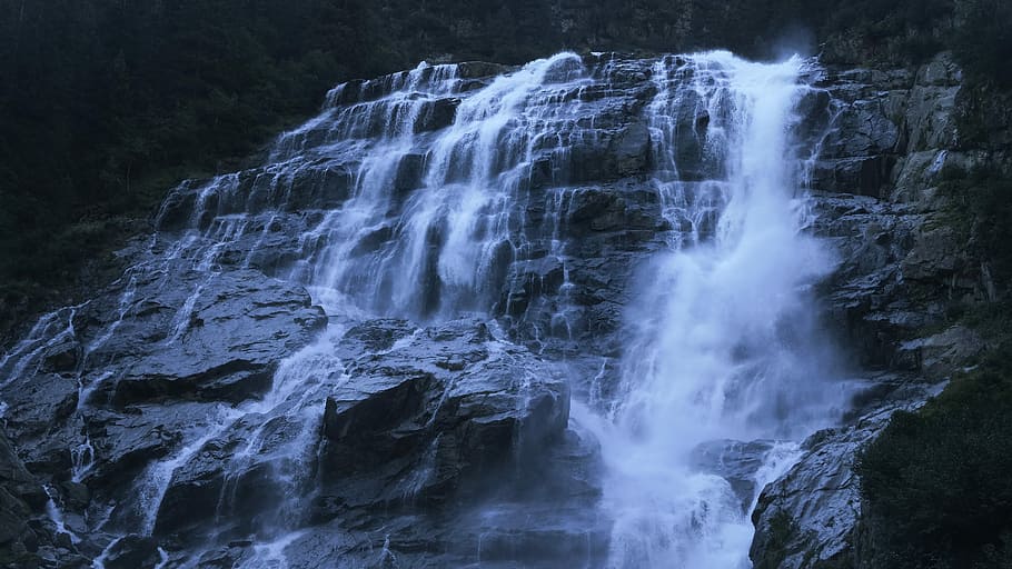 waterfalls, water rushing on grey rock formation, flow, torrent HD wallpaper