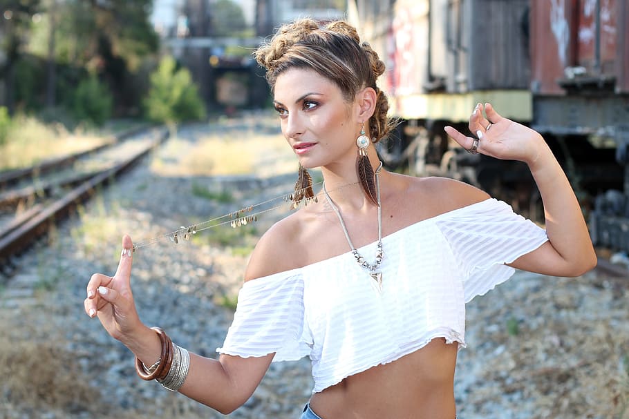 woman in white off shoulder crop top near railway, portrait HD wallpaper